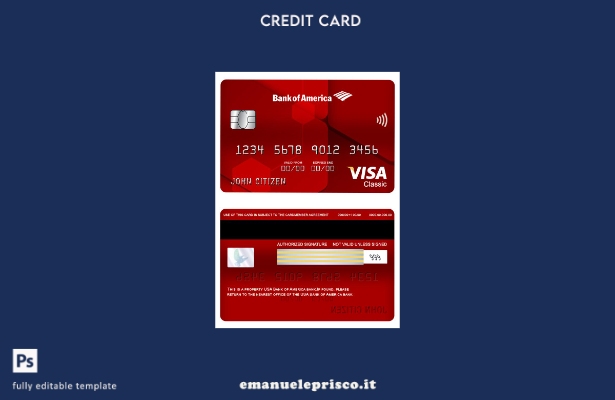 modello di carta classica per visto bancario USA Bank of America in stile verifi
